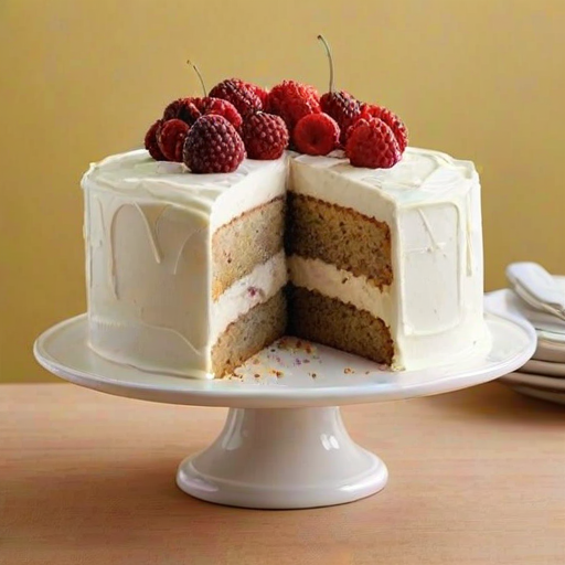 Create an image of a layered cake with a smooth, white frosting. The cake should have a slice cut out, revealing a light-colored, moist interior with a hint of poppy seeds. The frosting should have a glossy finish and the cake should be displayed on a decorative glass stand. Include a soft, neutral background to highlight the cake.
