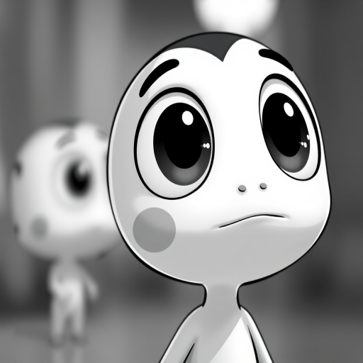 Create a high-resolution black and white illustration of a cartoon character with large expressive eyes and a simplistic design, using a DSLR camera with a 50mm lens, aperture set to f/2.8, ISO 100, and a shallow depth of field to emphasize the character against a blurred background.