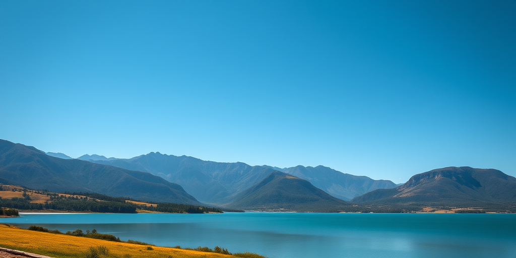 Generate a high-resolution image of a serene landscape with mountains in the background, a clear blue sky, and a tranquil lake in the foreground, using a Canon EOS R5 with a 24-70mm f/2.8 lens, aperture set to f/8, ISO 100, shutter speed 1/200s, taken from a wide-angle view to capture the expansive scenery.