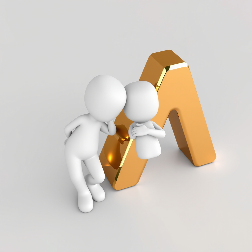 Create a 3D illustration of a small white character leaning against a shiny, gold letter 'N', using a DSLR camera with a 50mm lens at f/2.8 aperture, ISO 100, and a softbox for even lighting, capturing a high-angle view to enhance depth and detail.