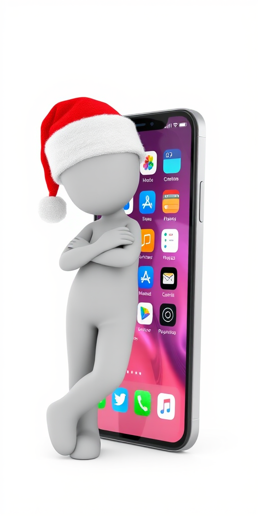 Create a 3D illustration of a gray humanoid figure wearing a Santa hat leaning against a large smartphone displaying app icons, with a bright white background, using a DSLR camera with a 50mm lens at f/2.8, ISO 100, and shooting in natural light for enhanced clarity and detail.