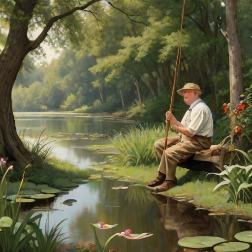 Imagine a small group of old fashioned young boys out fishing by the creek, a swing hanging from a tree branch, reeds and grasses by the water's edge, a frog sitting on a lily pad, dragonflies hovering over som water plans, a very iconic old fashioned scene reminiscent of a Norman Rockwell painting style