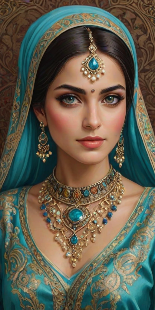 Create a portrait of a beautiful Persian woman with striking cyan eyes and a gentle expression. She is adorned in traditional attire with intricate patterns, including a richly embroidered headscarf and matching garments. Her jewelry includes a delicate headpiece, dangling earrings, and ornate bracelets, all featuring vibrant gemstones and detailed metalwork. The background is soft and warm, enhancing the rich colors of her outfit and jewelry.