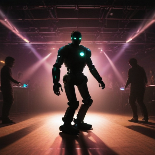 sillouette of a robot dancing in a nightclub