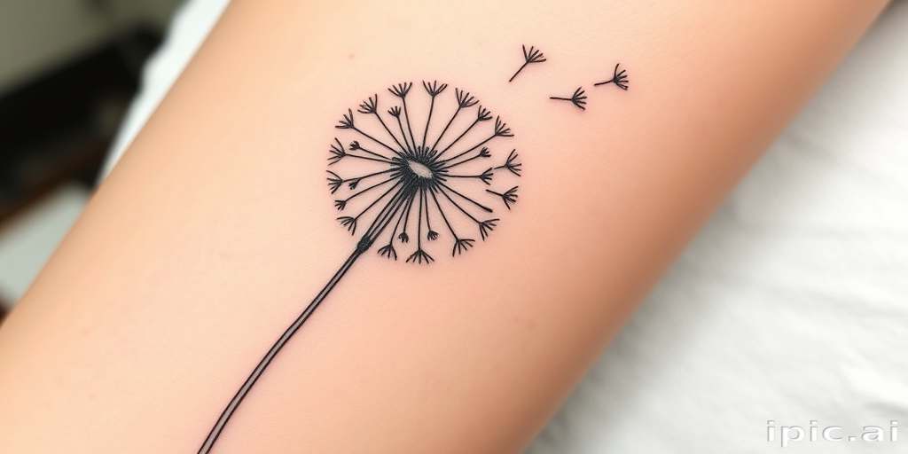 Fine line tattoo illustrating a detailed botanical drawing of a dandelion with seeds floating away, emphasizing delicate linework and negative space, named "Whispers of Wishes"