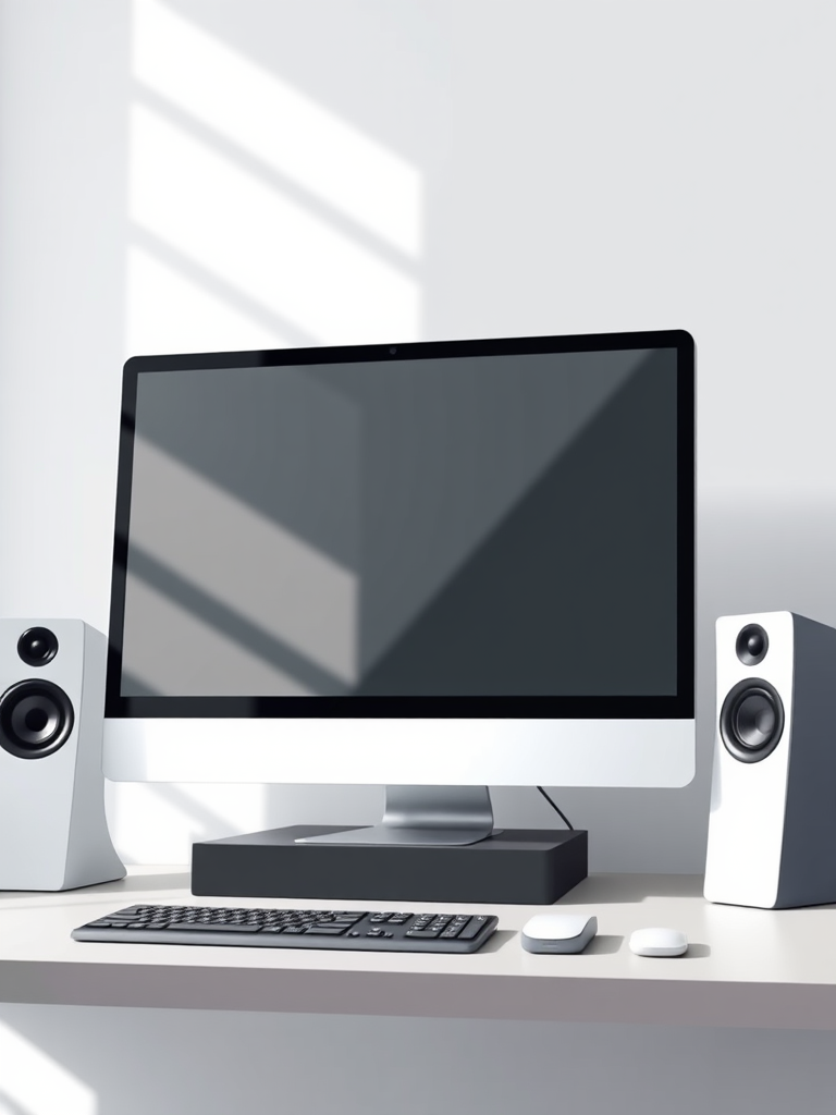 Create a high-resolution digital illustration of a modern computer monitor with two sleek speakers on either side, using a 50mm lens, f/2.8 aperture, ISO 100, in soft natural lighting, with a clean and minimalist style.