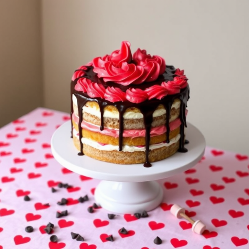 A beautifully decorated three-layer cake with red and white frosting, topped with swirls of red icing and chocolate drizzle, sitting on a white cake stand, surrounded by a red heart-patterned tablecloth and scattered chocolate chips.