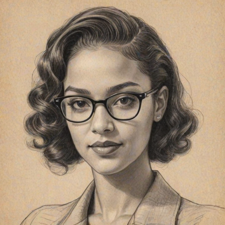 Enchanting Samantha Logan, pencil sketch, portrait of Sublime woman 1930s in glasses, hair style beatnik, outline, clear lines, fine lines, 8k