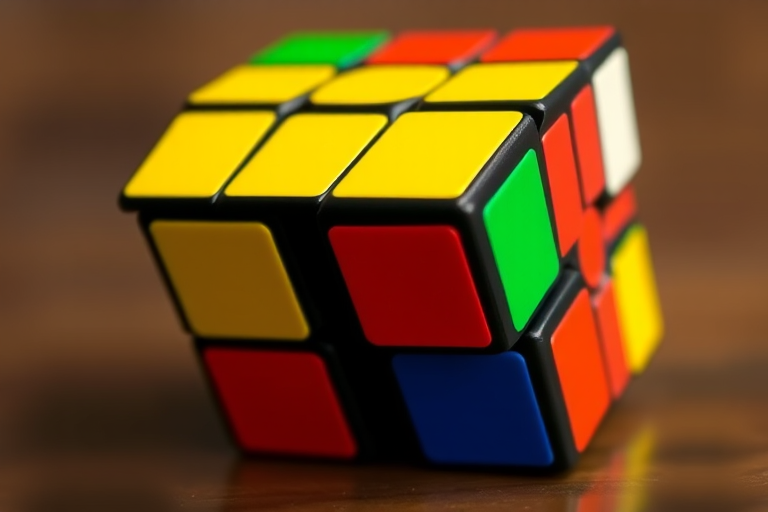 Create a high-resolution image of a 3D Rubik's Cube with vibrant colors and clear edges, using a DSLR camera with a 50mm lens, aperture set to f/2.8, ISO 100, and a focus on the cube, shot in macro mode with a soft-focused background.