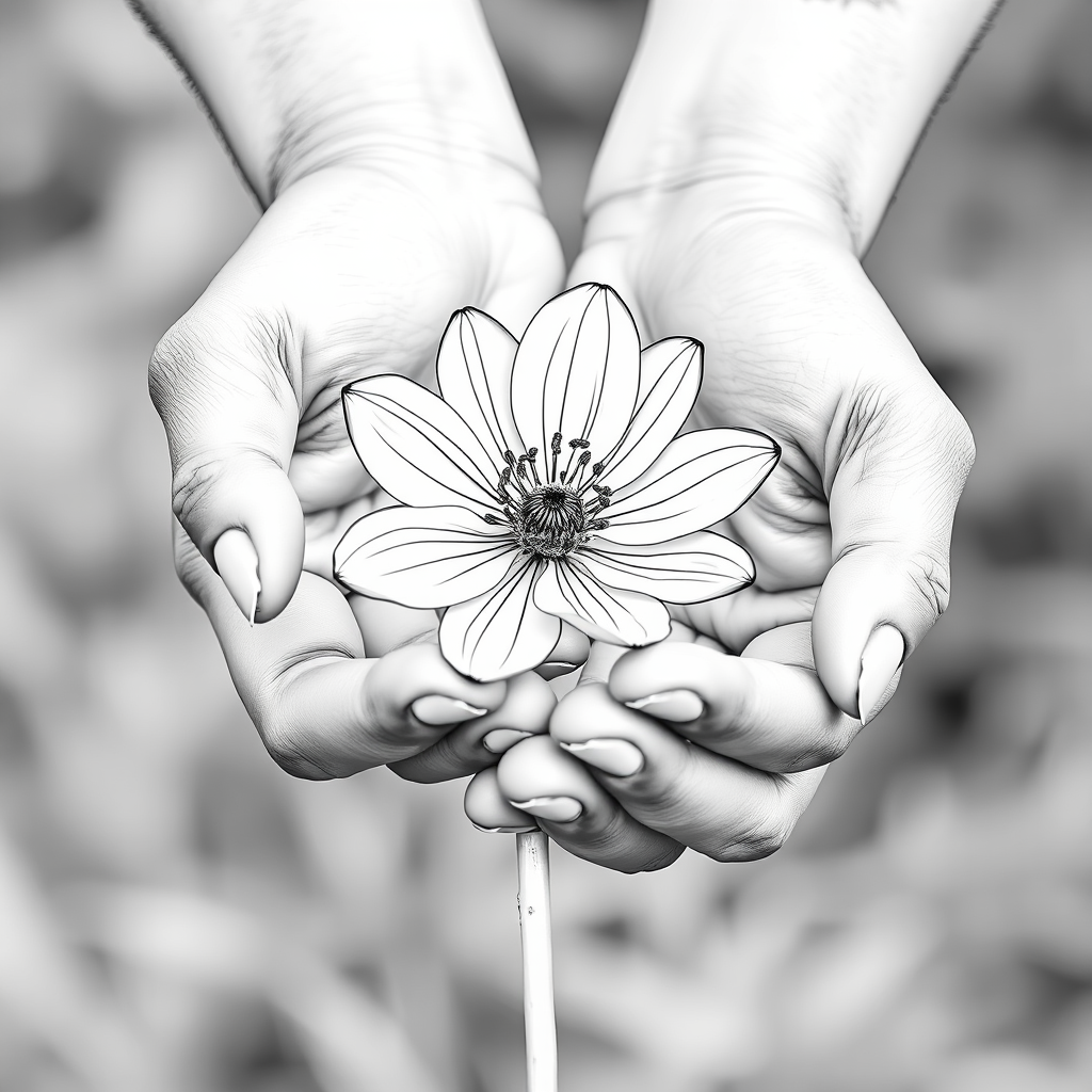 Generate a high-quality line art image of two hands gently holding a flower, using a DSLR camera, aperture f/2.8, focal length 50mm, ISO 100, with a soft-focus background and natural lighting for enhanced detail and contrast.