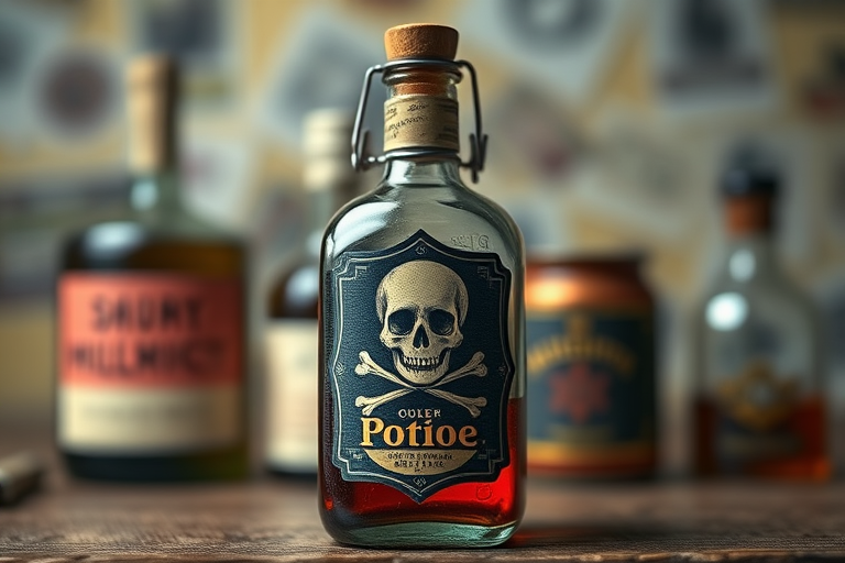 Generate a highly detailed illustration of a vintage potion bottle with a skull and crossbones label, using a DSLR camera, f/2.8 aperture, 50mm lens, 1/60 shutter speed, and a soft focus background to enhance depth.