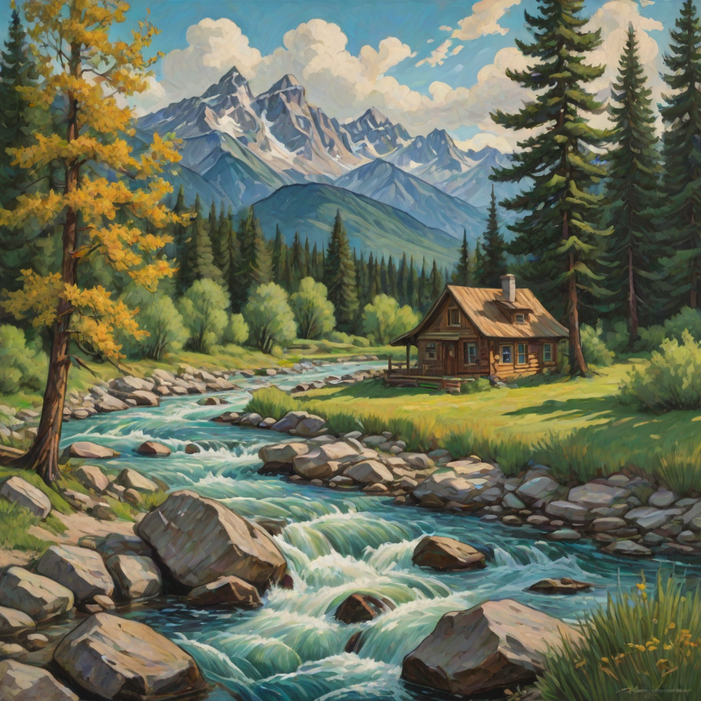 This Van Gogh-inspired painting depicts a peaceful scene of a small cabin located near a flowing river. The scene is surrounded by lush vegetation, including tall trees and rocky terrain. In the background, majestic mountains rise under a sky filled with rolling clouds. The river gently cascades over the rocks, adding a sense of movement and tranquility to the scene. The use of vibrant colors and detailed brushstrokes create a sense of depth and harmony in the natural setting.