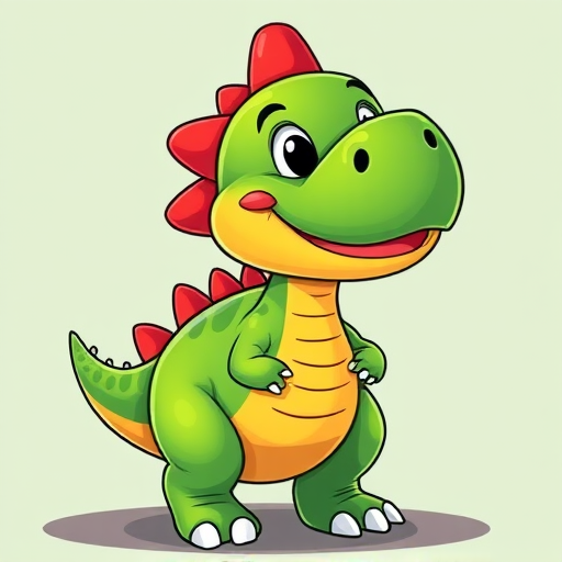 Create a vibrant cartoon dinosaur with a playful expression, using bright green and yellow colors, with red spikes along its back, captured in high resolution with a Canon EOS 5D Mark IV, 50mm lens, f/2.8 aperture, and a shallow depth of field for enhanced detail.