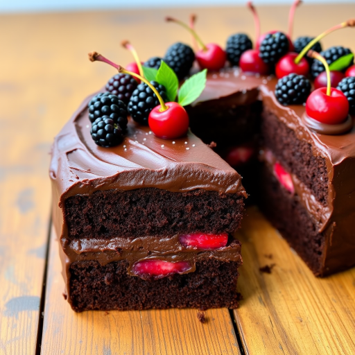 A rich chocolate cake layered with chocolate frosting and filled with red fruit, topped with fresh blackberries and cherries, placed on a rustic wooden table with a slice removed to reveal the layers inside.