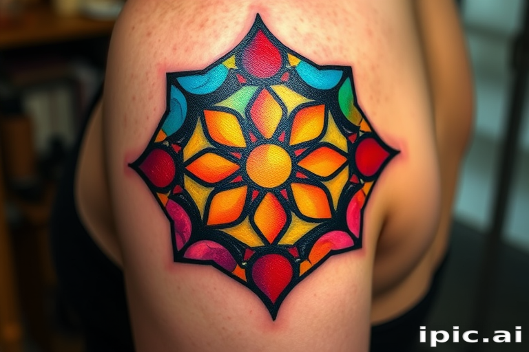 Stained glass tattoo named "Radiant Sanctuary" featuring vibrant colors separated by bold black lines, mimicking the appearance of a stained glass window with a play of light and shadow on the skin