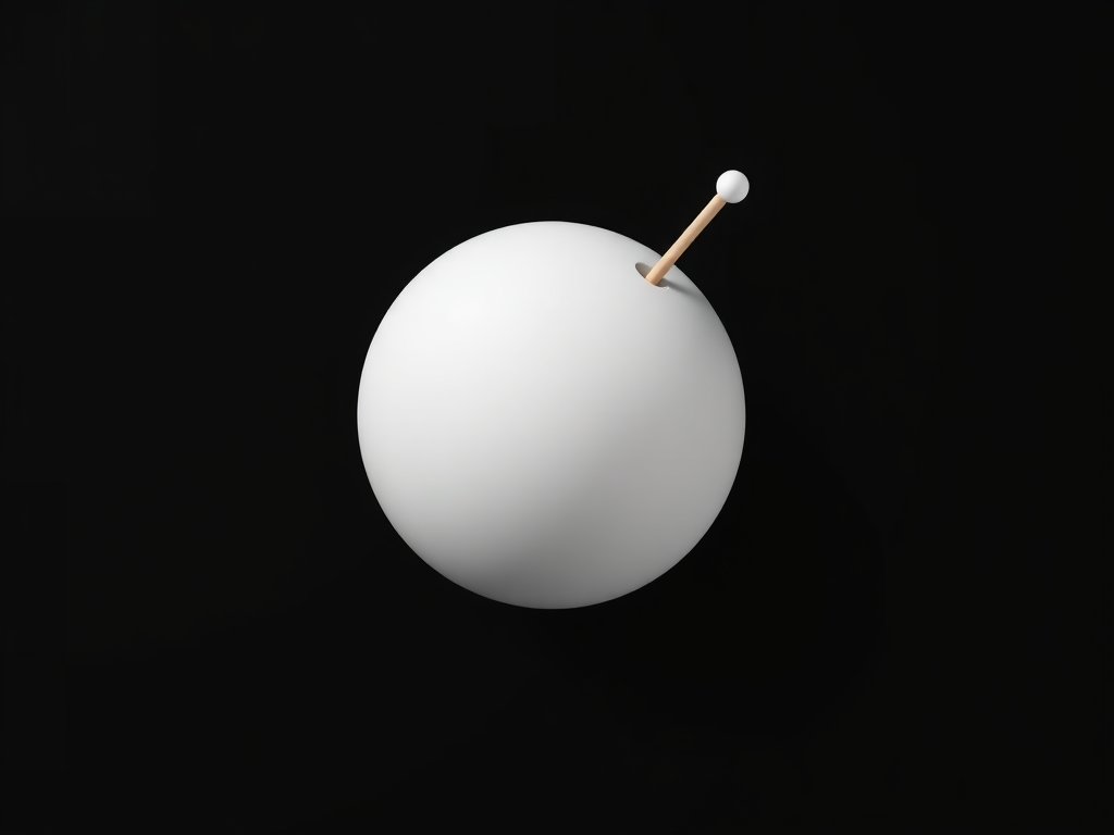Create a high-resolution vector graphic of a stylized white orb with a protruding stick, centered on a solid black background, shot with a DSLR camera at f/8 aperture, ISO 100, and a 50mm lens, using a top-down perspective for a modern minimalist aesthetic.