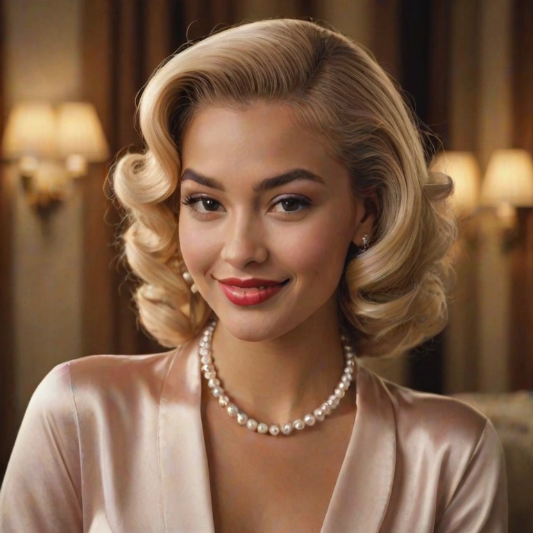 A beautiful Tahitian woman reminiscent of 1950s Hollywood glamour, with perfectly styled blonde hair and a seductive smile, dressed in a satin blouse and adorned with pearls, soft and warm tones, photorealistic, 8K