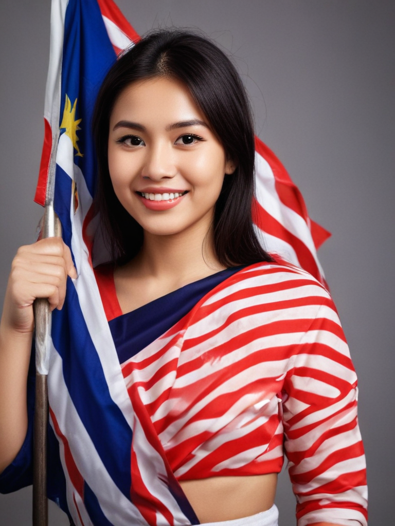 Malaysian woman holding malaysian flag