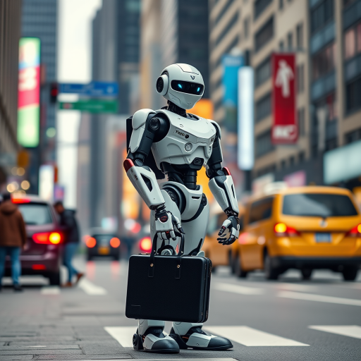 Create an image of a humanoid robot standing on a busy city street holding a briefcase, captured with a Canon EOS R5, 50mm lens, aperture f/1.8, ISO 100, with a shallow depth of field to emphasize the robot and a blurred urban background, during overcast lighting for soft shadows.