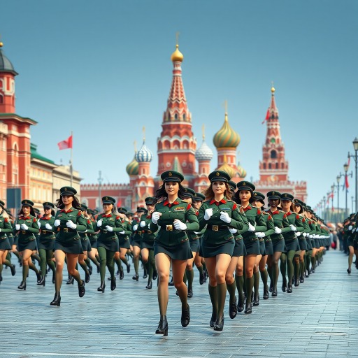 Cartoon 3D Military parade in Red Square in Moscow with military women wearing short skirts.