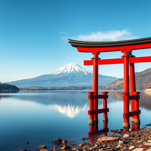 illustrate a serene landscape featuring a red torii gate by a calm lake reflecting a snow-capped mountain under a clear blue sky, focus on vivid colors and fine details, camera settings: f/8, ISO 100, shutter speed 1/200s, camera view: wide-angle, camera style: landscape photography, camera type: DSLR