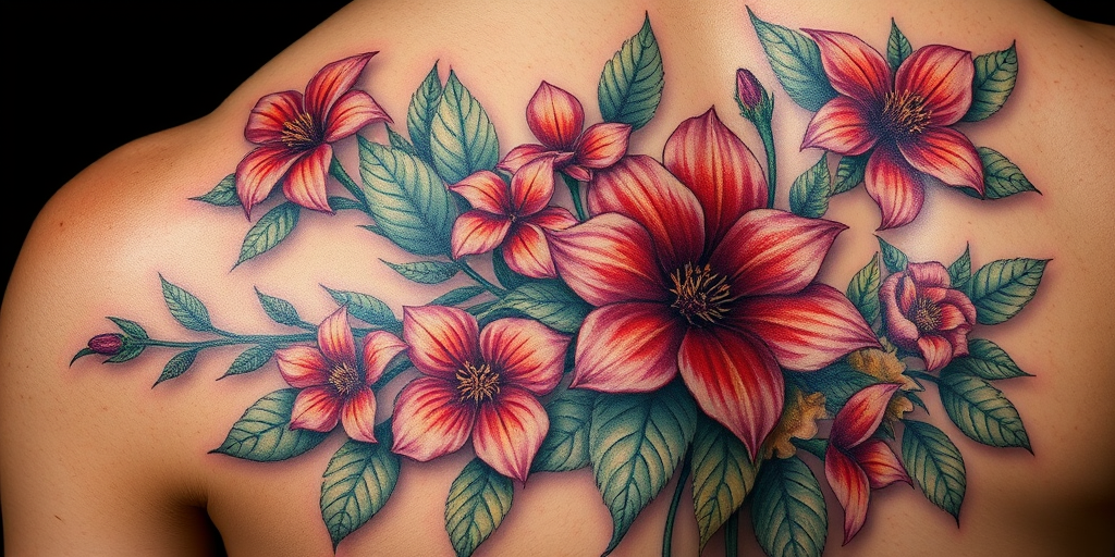 Realistic 3D tattoo titled "Living Canvas" depicting hyperrealistic flora and fauna that appear to emerge from the skin, with lifelike textures and shading that create an illusion of depth, incorporating elements of trompe l'oeil art techniques