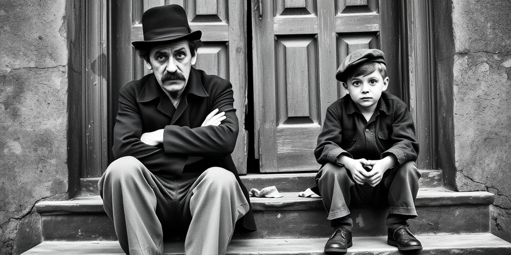 A black-and-white photograph of a man and a child sitting on steps in front of a doorway. The man is dressed as a tramp with a bowler hat, mustache, and ragged clothes, reminiscent of Charlie Chaplin's iconic look. He is sitting with his arms crossed and an expression of slight sadness or frustration. Next to him is a young boy, also in worn clothes and a cap, sitting with his hands clasped, looking thoughtful. The background is an old, textured wall and a partially open door, creating a vintage, early 20th-century atmosphere.