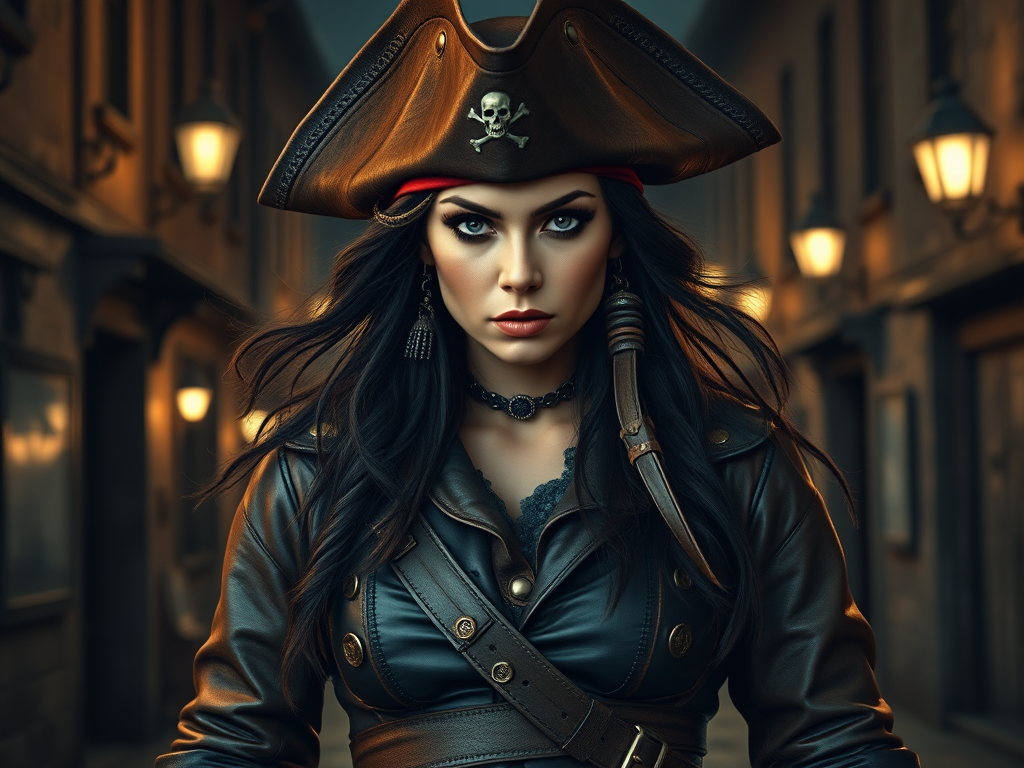 Create a portrait of a fierce female pirate. She wears a leather tricorn hat adorned with a skull and crossbones emblem, and her long, dark hair flows around her face. Her outfit consists of a richly detailed leather jacket, a corset, and multiple layers of belts and accessories, giving her a formidable and stylish appearance. She stands confidently in a dimly lit, historic port town, with a backdrop of weathered buildings and cobblestone streets, capturing the adventurous spirit of a pirate.