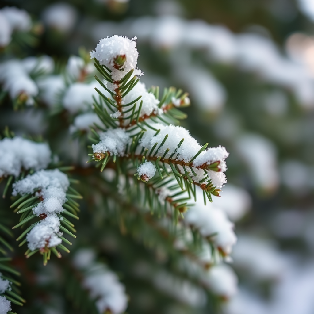 Capture a close-up of evergreen foliage dusted with snow, using a DSLR camera, 50mm lens, f/1.8 aperture, ISO 200, shallow depth of field, soft natural lighting, and a slight bokeh effect in the background.