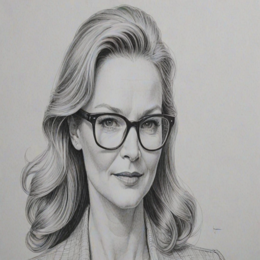 Exquisite Joan Allen, pencil sketch, portrait of Magnificent woman 1975s in glasses, hair style beatnik, outline, clear lines, fine lines, 8k