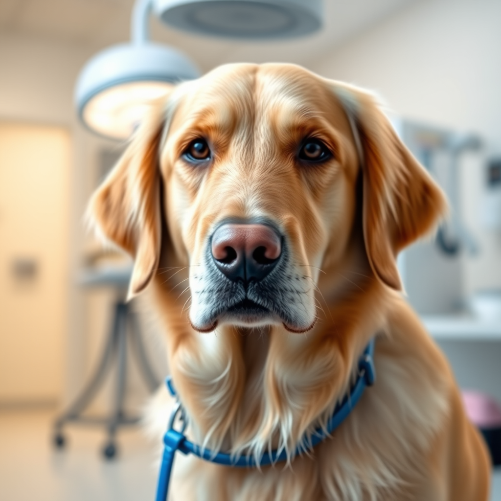 Generate an image of a golden retriever with a calm expression, standing in a veterinary clinic. The background should include soft lighting and hints of medical equipment. The dog should have a blue collar and be looking directly at the viewer.