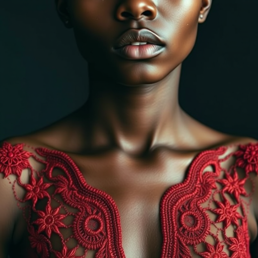 Face, shoulders, chest covered in openwork Yoruba embroidery. Raw, unedited image.