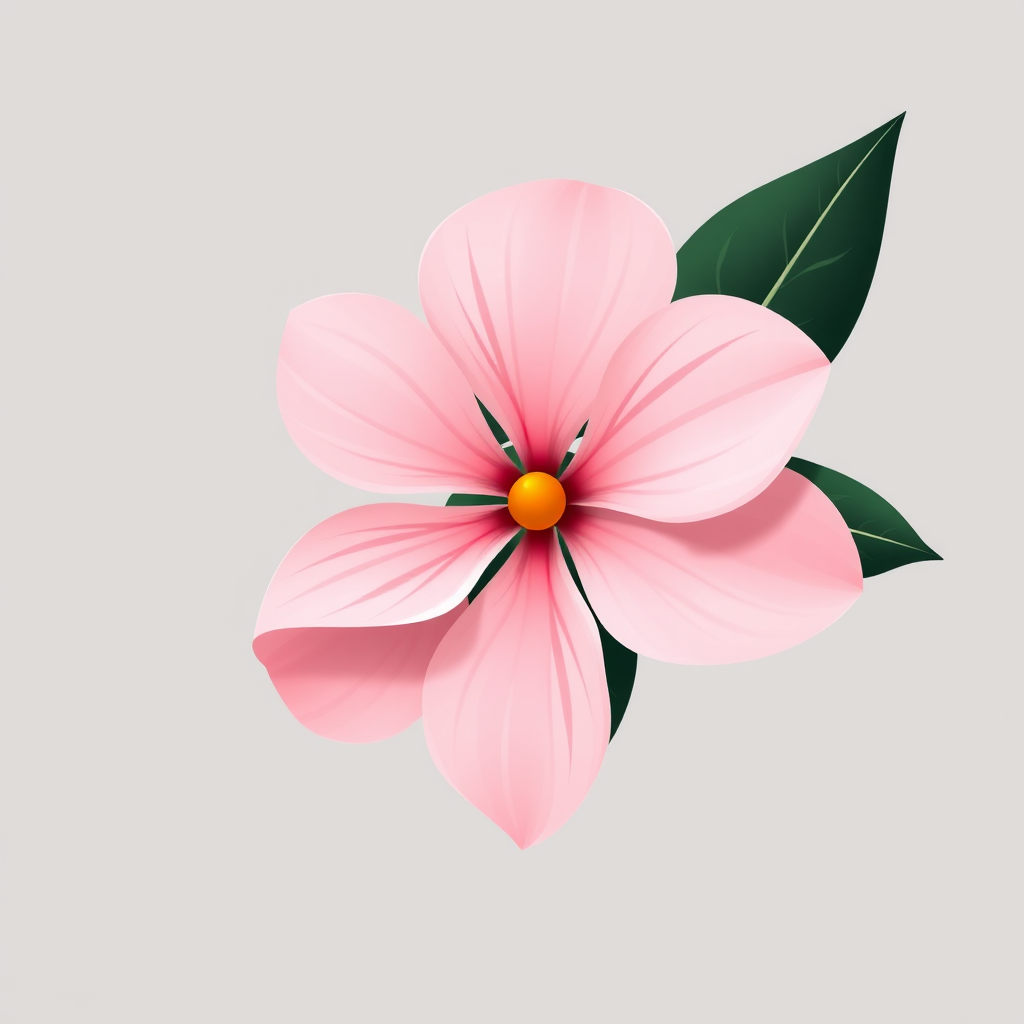 Create a high-resolution digital illustration of a large, stylized flower with soft pink petals and a central orange dot, accompanied by dark green leaves, against a muted gray background, using a DSLR camera with a 50mm lens, f/2.8 aperture, 1/125 sec shutter speed, and natural lighting for enhanced color vibrancy and detail.