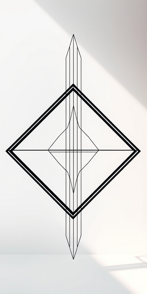 Create an abstract composition using geometric shapes and lines, focusing on symmetry and balance, shot with a Canon EOS R5, 50mm lens, f/1.8 aperture, ISO 100, in a well-lit studio environment.