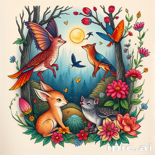 Neo-traditional tattoo called "Enchanted Wilderness" blending vibrant colors with stylized animals and florals creating a whimsical forest scene with hidden magical elements