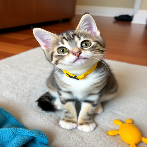 Cute cat with gray and white fur wearing a yellow collar sitting on a soft mat with a blue towel and a yellow toy nearby, looking directly at the camera with a playful expression.