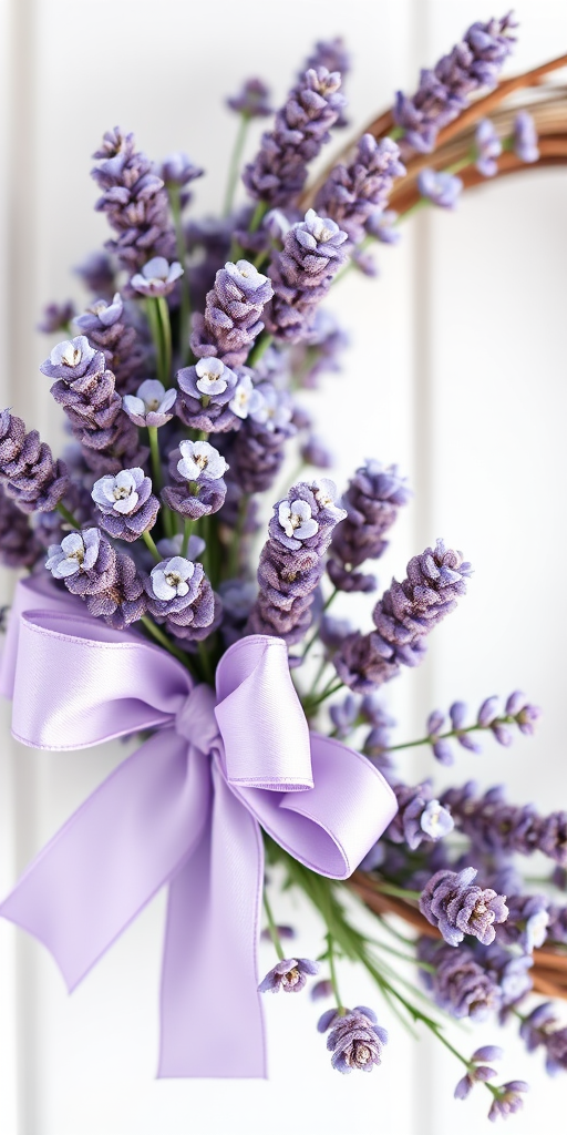 create a detailed lavender floral wreath with a soft purple bow, high resolution, shallow depth of field, taken with a DSLR camera, 50mm lens at f/2.8, natural light, slight vibrant color enhancement
