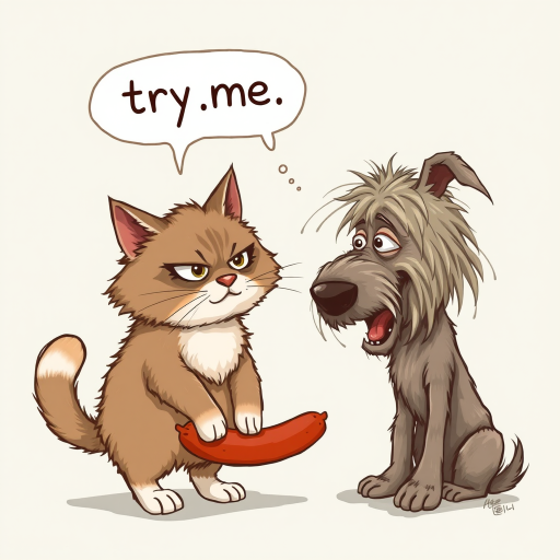 caricature of a silly whimsical fluffy cat with a mean look she has one foot on a sausage and is looking at an old scraggly big dog the cat has a thought bubble above her head that says “try,me"