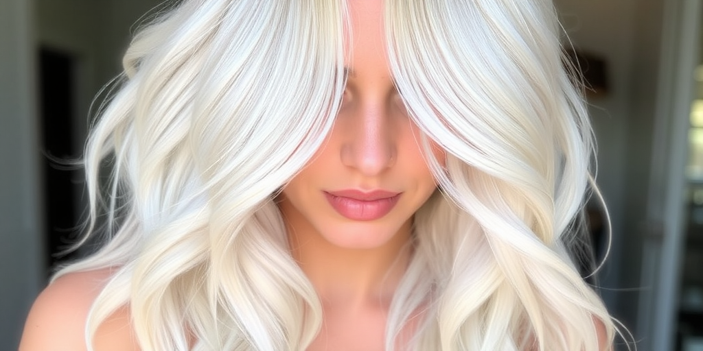 Elegant platinum blonde waist-length waves dubbed "Moonlit Cascade" with pearlescent undertones and soft face-framing tendrils, creating a ethereal and romantic appearance