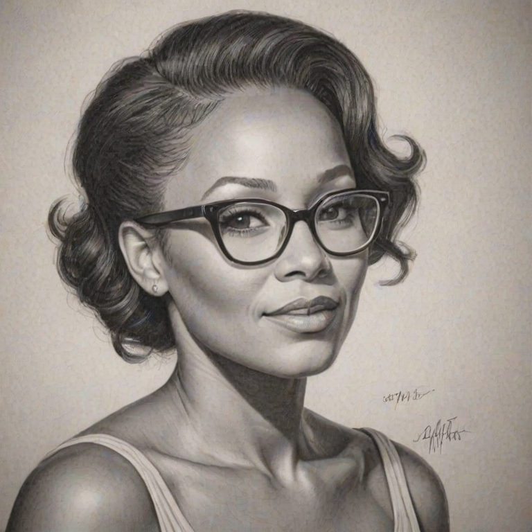 Beauteous Mel B, pencil sketch, portrait of Radiant woman 1956s in glasses, hair style beatnik, outline, clear lines, fine lines, 8k