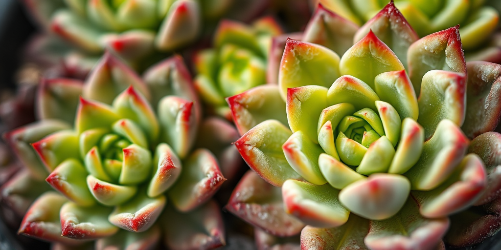 highly detailed macro shot of succulent plants with intricate patterns and vibrant colors, shallow depth of field, natural soft lighting, camera settings: f/2.8, ISO 100, shutter speed 1/125, taken with a DSLR camera using a 100mm macro lens.