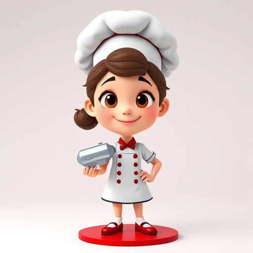 Create a cartoon character of a female chef with a playful expression, wearing a chef's hat and holding a mixer, standing on a red circular base, captured in high-definition with a DSLR camera, aperture f/2.8, ISO 100, 24mm lens, front view, bright lighting for enhanced colors and details.