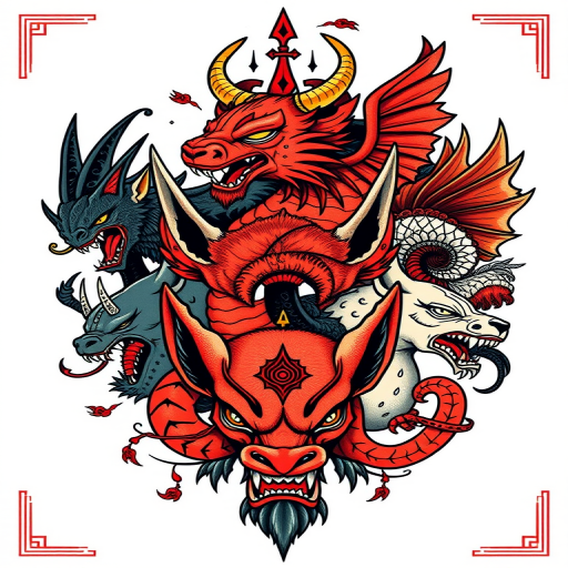 Neo-traditional "Folkloric Menagerie" tattoo design showcasing mythical creatures and symbolic animals rendered with bold lines saturated colors and stylized features inspired by classic tattoo art