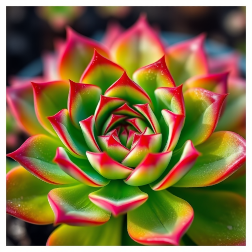 Create a close-up shot of a succulent plant with vibrant green leaves and reddish edges, using a macro lens with an aperture of f/2.8, ISO 100, and a shutter speed of 1/200 sec, in natural light, capturing sharp details and a blurred background for depth.