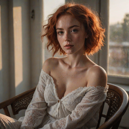 young woman, short messy red hair, light freckles, beautiful face, wearing a loose white cotton lace shirt ,  portrait photo,  posing for a picture in a chair with her hands in her lap, Ayshia Ta k n, parted lips, round cleavage, collarbone, bare shoulders, natural light, a portrait, art nouveau, sunset light through a window, darkly lit, shadows across face
