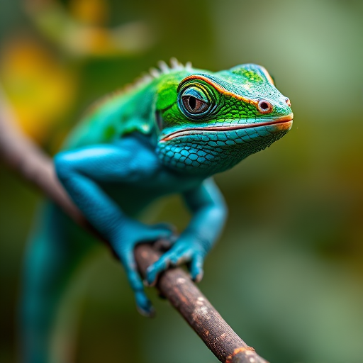 highly detailed close-up of a vibrant blue and green lizard perched on a branch, focus on texture and color depth, shallow depth of field, 50mm lens, f/2.8, ISO 100, natural lighting, DSLR camera