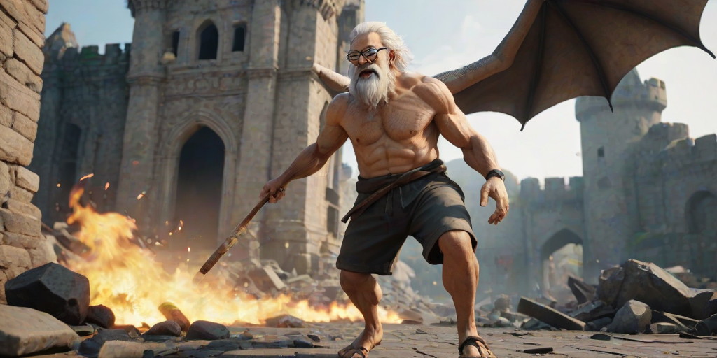 Cartoon 3D High-Resolution,dynamic battle scene using Unreal Engine 5 and Octane Render. The scene features back of an elderly, thai man with a beard,messy hair and round golden-rimmed glasses. He is wearing a tattered tank top with soot marks, shorts, and sandals. sweating. he wields a baseball bat. He jump to fight with a white fire-breathing Europe dragon amidst a partially destroyed stone castle. Include intense flames, smoke, and debris to enhance the dramatic effect.