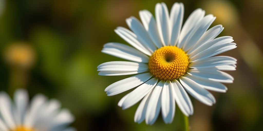 Create a hyper-realistic image of a single daisy flower with white petals and a yellow center, captured in natural lighting with a shallow depth of field at an aperture of f/2.8, using a macro lens from a low angle, and a DSLR camera to enhance detail and color vibrancy.