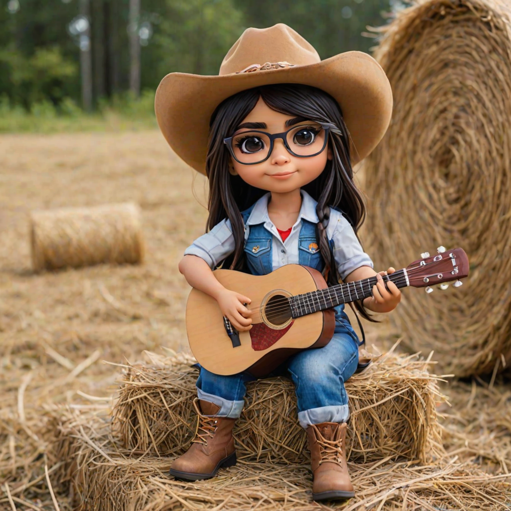 A chibi mia khalifa, dressed as a cowboy, playing guitar, sitting on a hay bale