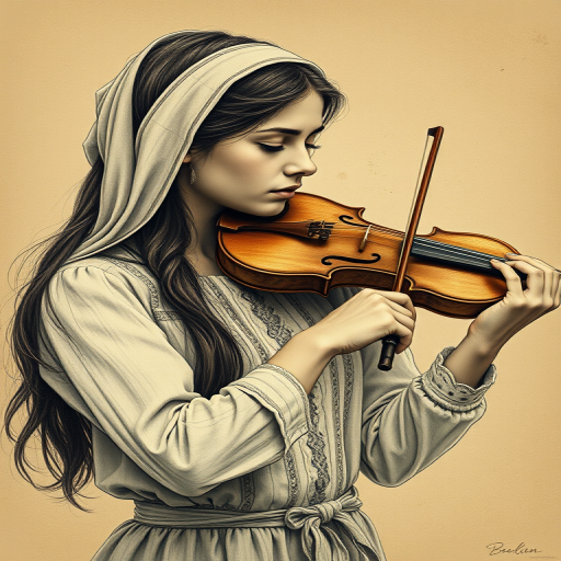 a young Georgian woman with a white headband playing a violin, in the style of a charcoal drawing, sepia grunge background